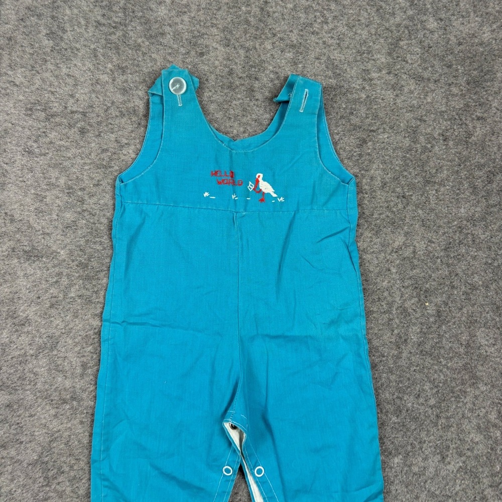 Romper Baby Teal Blue Hello World Stork Embroidery Vintage Surf Preppy 80s 90s - Picture 3 of 10